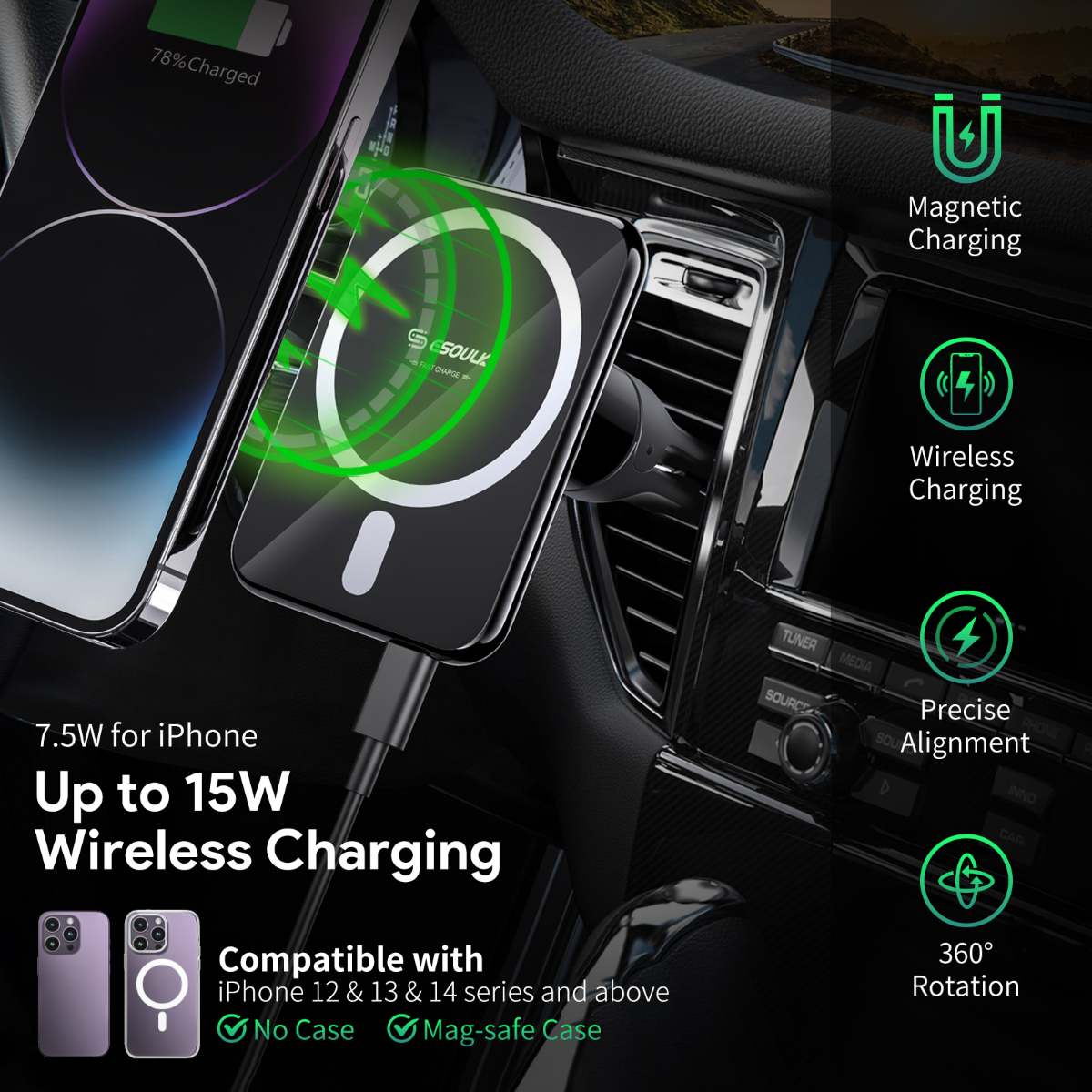 Esoulk Magnetic Wireless Charger Air Vent Car Mount — 15W, Black