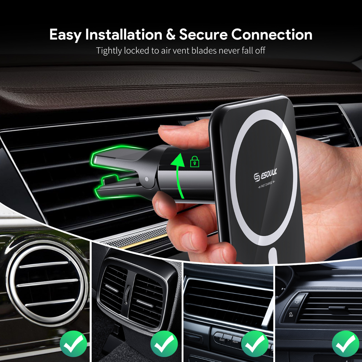 Esoulk Magnetic Wireless Charger Air Vent Car Mount — 15W, Black