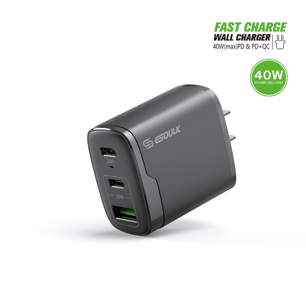 Esoulk EA18 Dual USB-C + USB-A Fast Wall Charger — Black, 40W