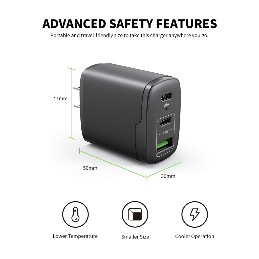 Esoulk EA18 Dual USB-C + USB-A Fast Wall Charger — Black, 40W