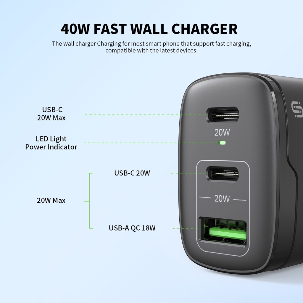 Esoulk EA18 Dual USB-C + USB-A Fast Wall Charger — Black, 40W