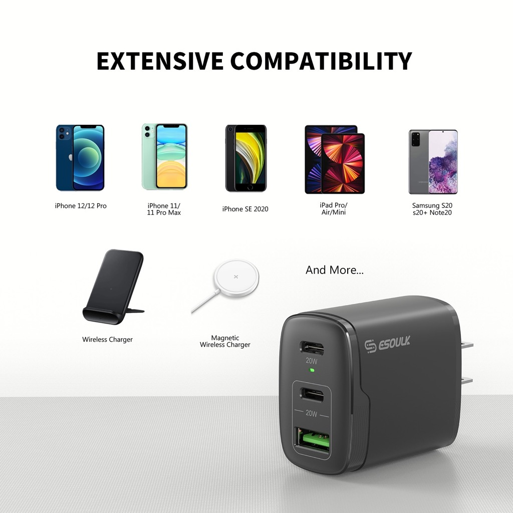 Esoulk EA18 Dual USB-C + USB-A Fast Wall Charger — Black, 40W