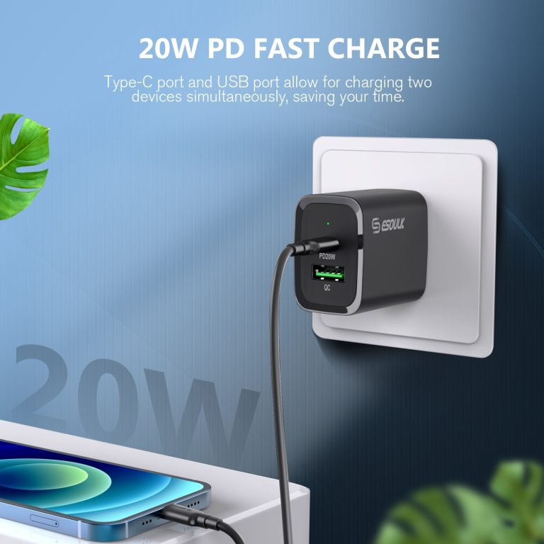 Esoulk USB-C+A Pd/qc Wall Adapter with USB-C to USB-C Cable — 5ft, 20W, Black