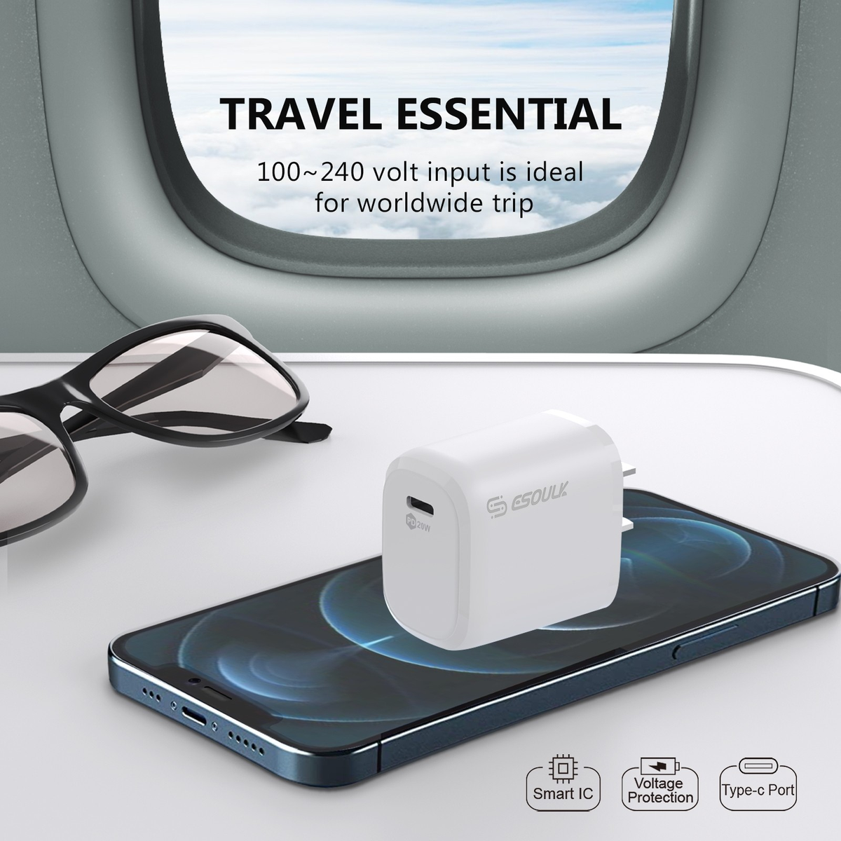 Esoulk USB-C Wall Adapter — 20W, White