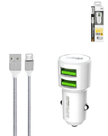 LDNIO C309 3.6A Dual USB-A Car Charger with USB A-M Cable — White, 3ft, 18W