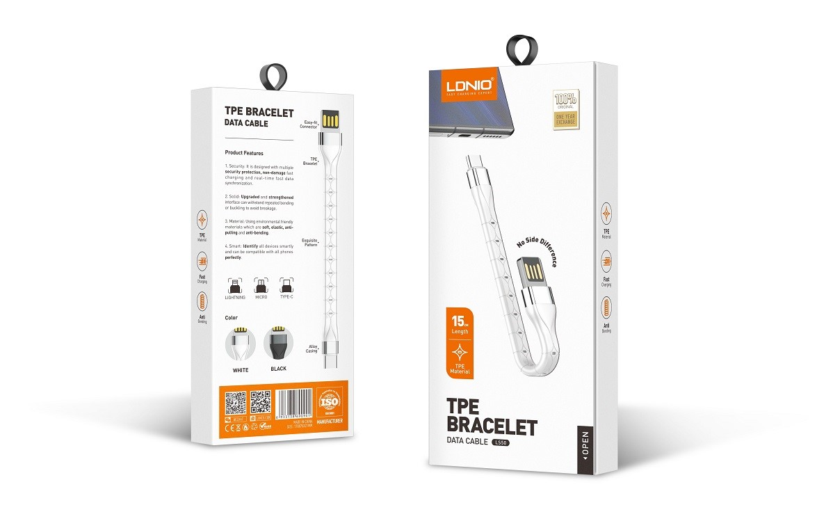 LDNIO LS50 USB-A to Lightning Non-MFI Tpe Bracelet Charging Cable — White, 0.5ft, 12W