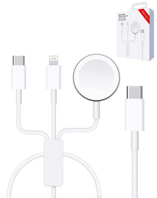 USB-C 3in1 Magnetic Watch Charging Cable with USB-C and Lightning Charger — 4ft, 15W