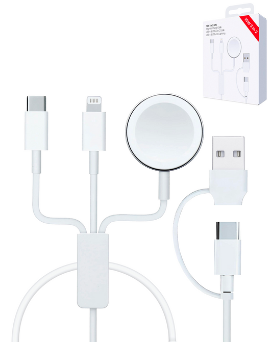 USB-C and USB-A 3in1 Magnetic Watch Charging Cable with USB-C and Lightning Charger — 4ft, 15W