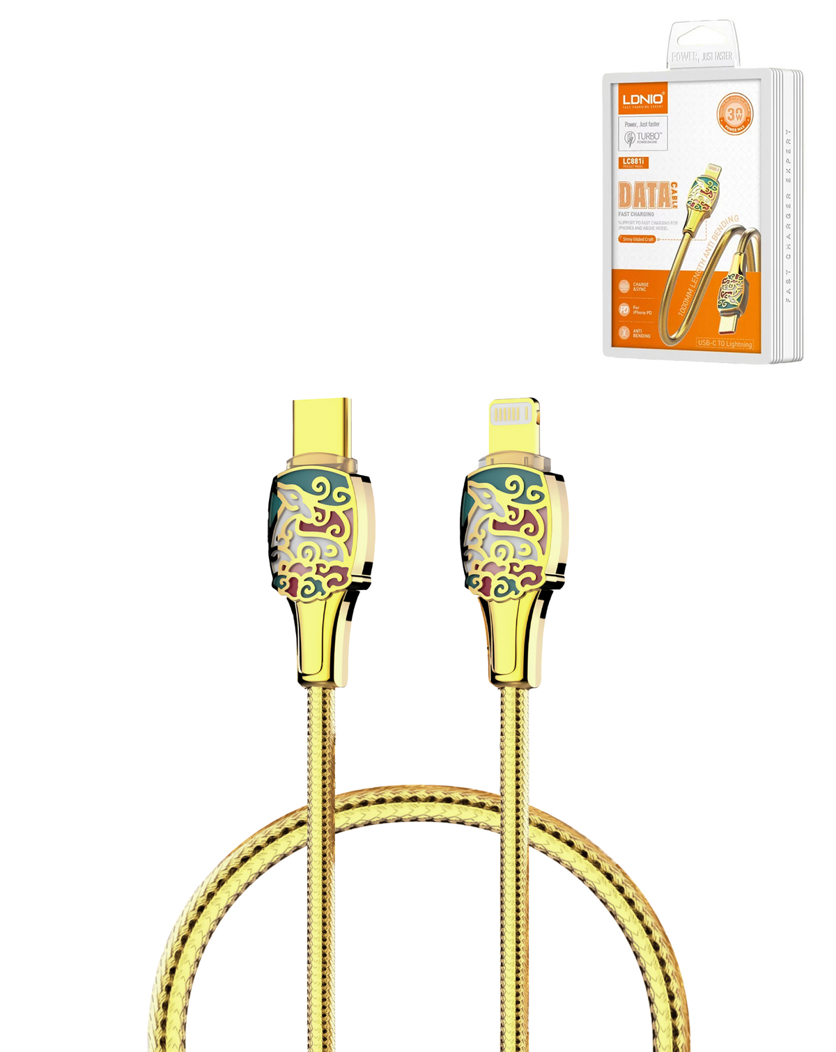 LDNIO LC881i PD-3.1 USB-C to Lightning Non-MFI Fast Charging Cable — Gold, 3ft, 30W