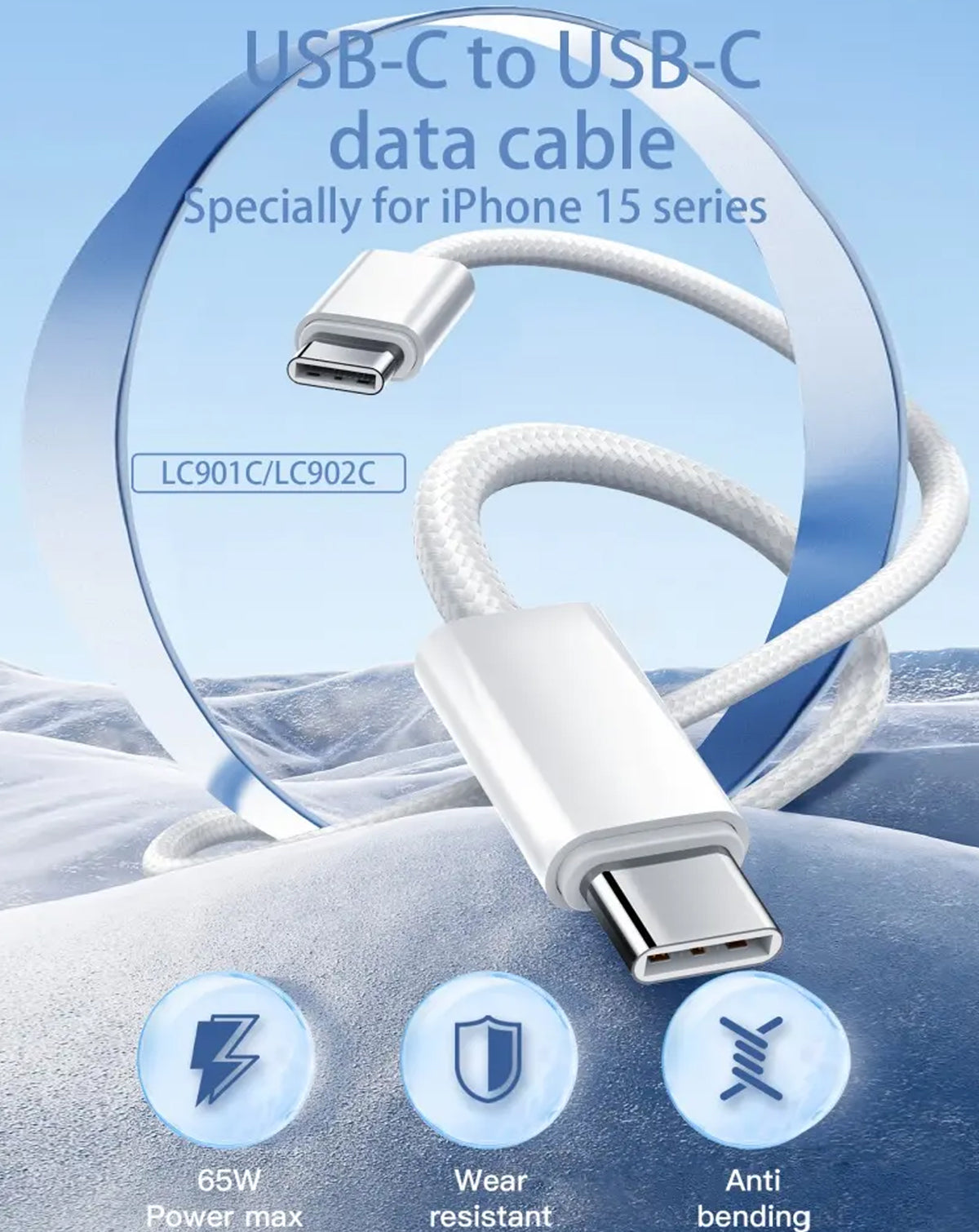 LDNIO LC901c USB-C to USB-C Fast Charging Cable — White, 3ft, 65W