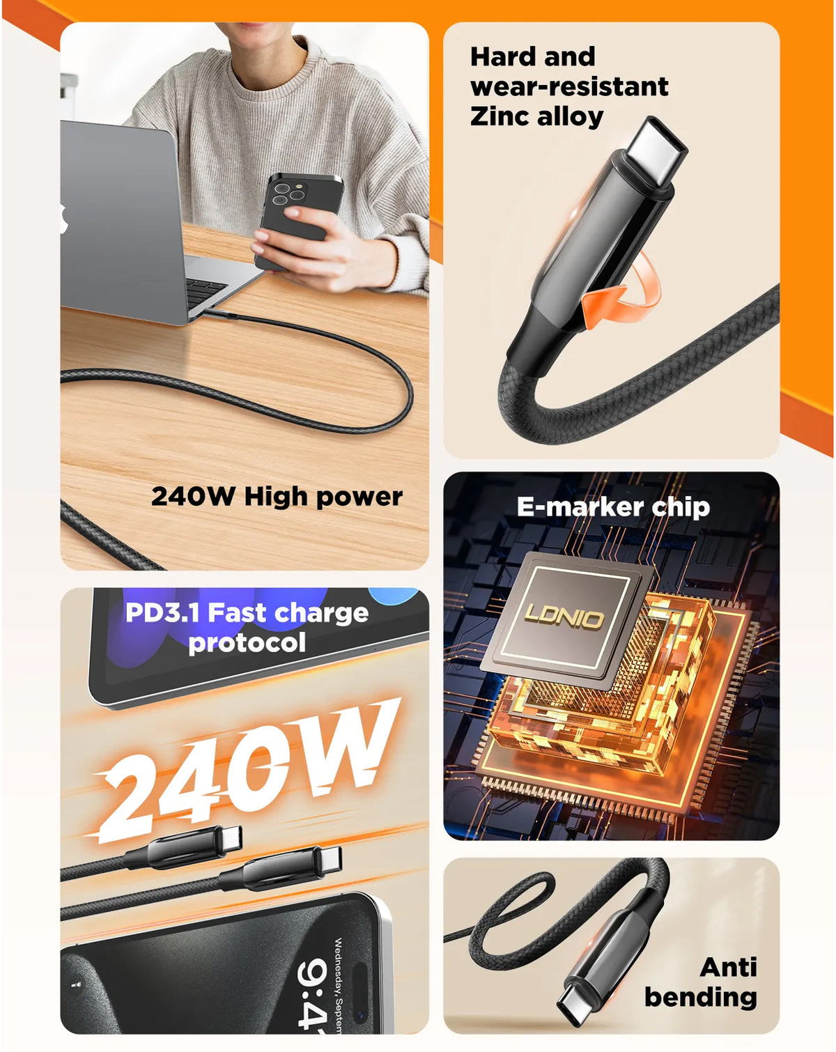 LDNIO LC921-240W PD-3.1 USB-C to USB-C Fast Charging Cable — Black, 3ft, 240W