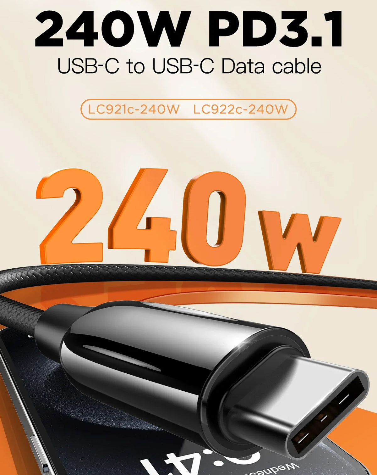 LDNIO LC921-240W PD-3.1 USB-C to USB-C Fast Charging Cable — Black, 3ft, 240W