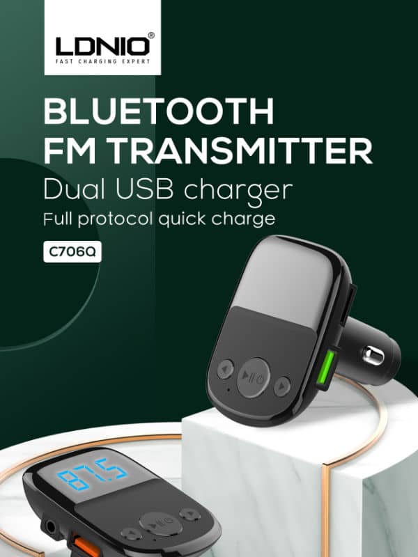 LDNIO C706Q Bluetooth 5.0 FM with 2X USB A+c Car Charger with USB-A to Lightning Cable — 3ft, 25W
