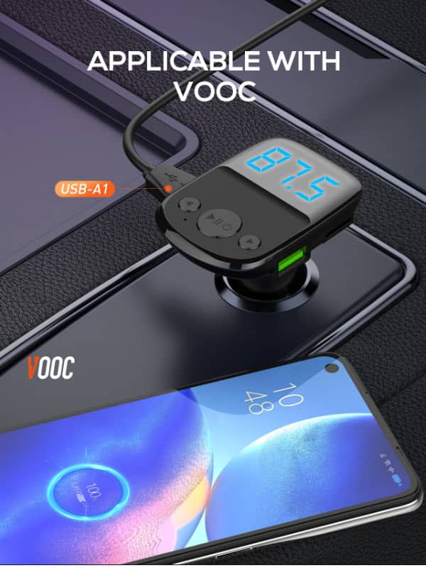 LDNIO C706Q Bluetooth 5.0 FM with 2X USB A+c Car Charger with USB-A to Lightning Cable — 3ft, 25W
