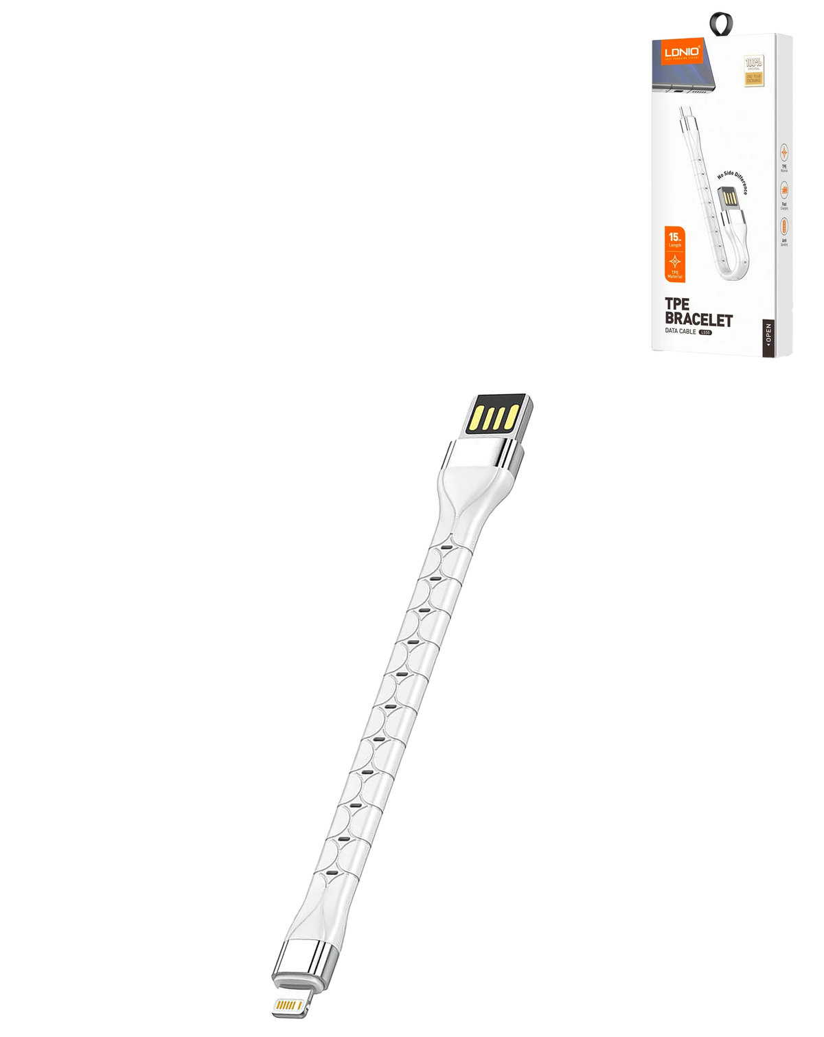 LDNIO LS50 USB-A to Lightning Non-MFI Tpe Bracelet Charging Cable — White, 0.5ft, 12W
