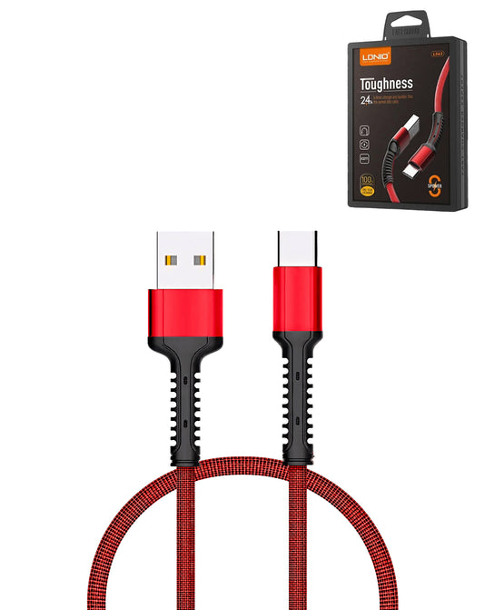 LDNIO LS63 USB-A to USB-C Braided Charging Data Cable — Red, 3ft, 12W
