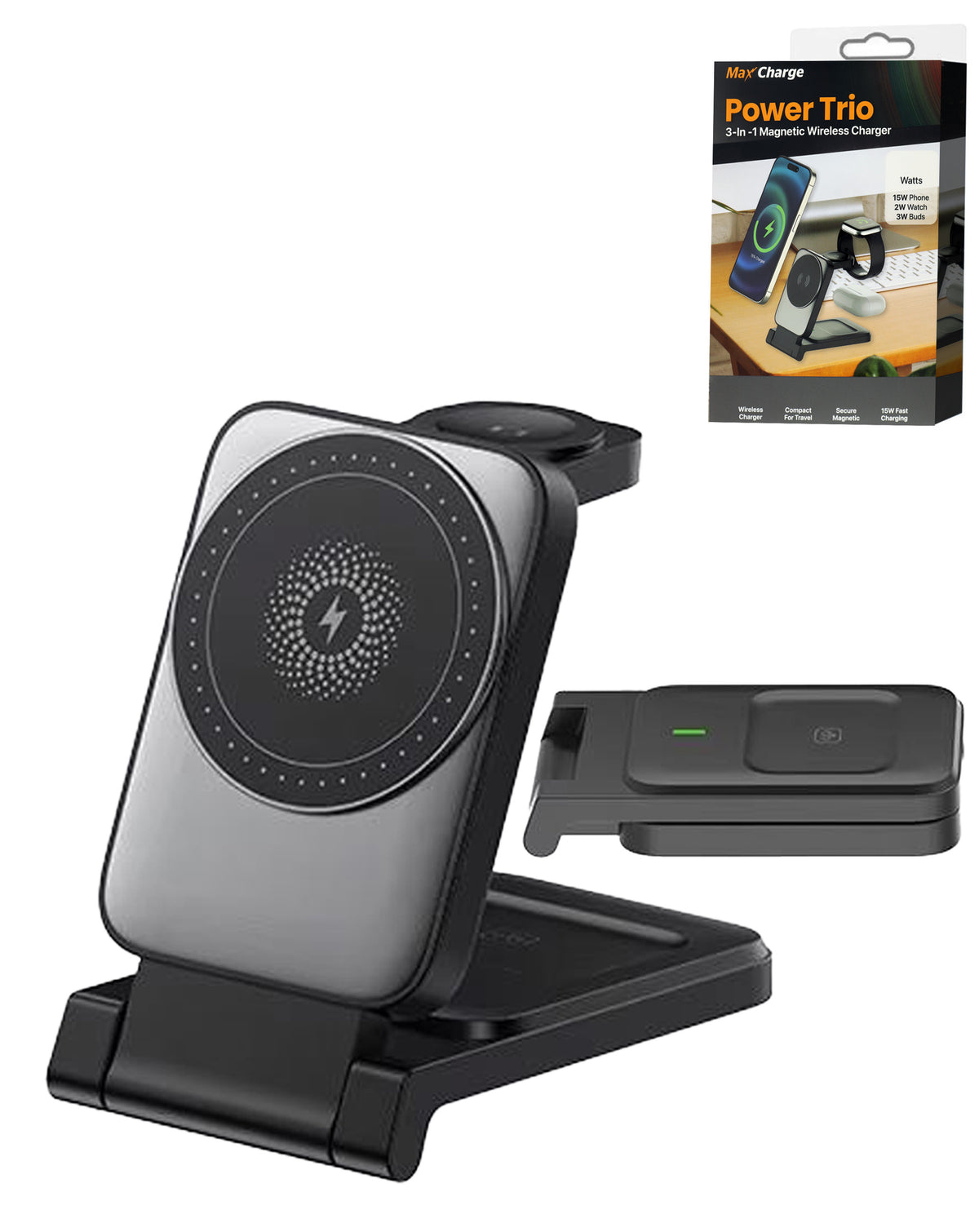 Power Trio Compact Foldable Wireless Charging Stand — 3in1, 15W, Black