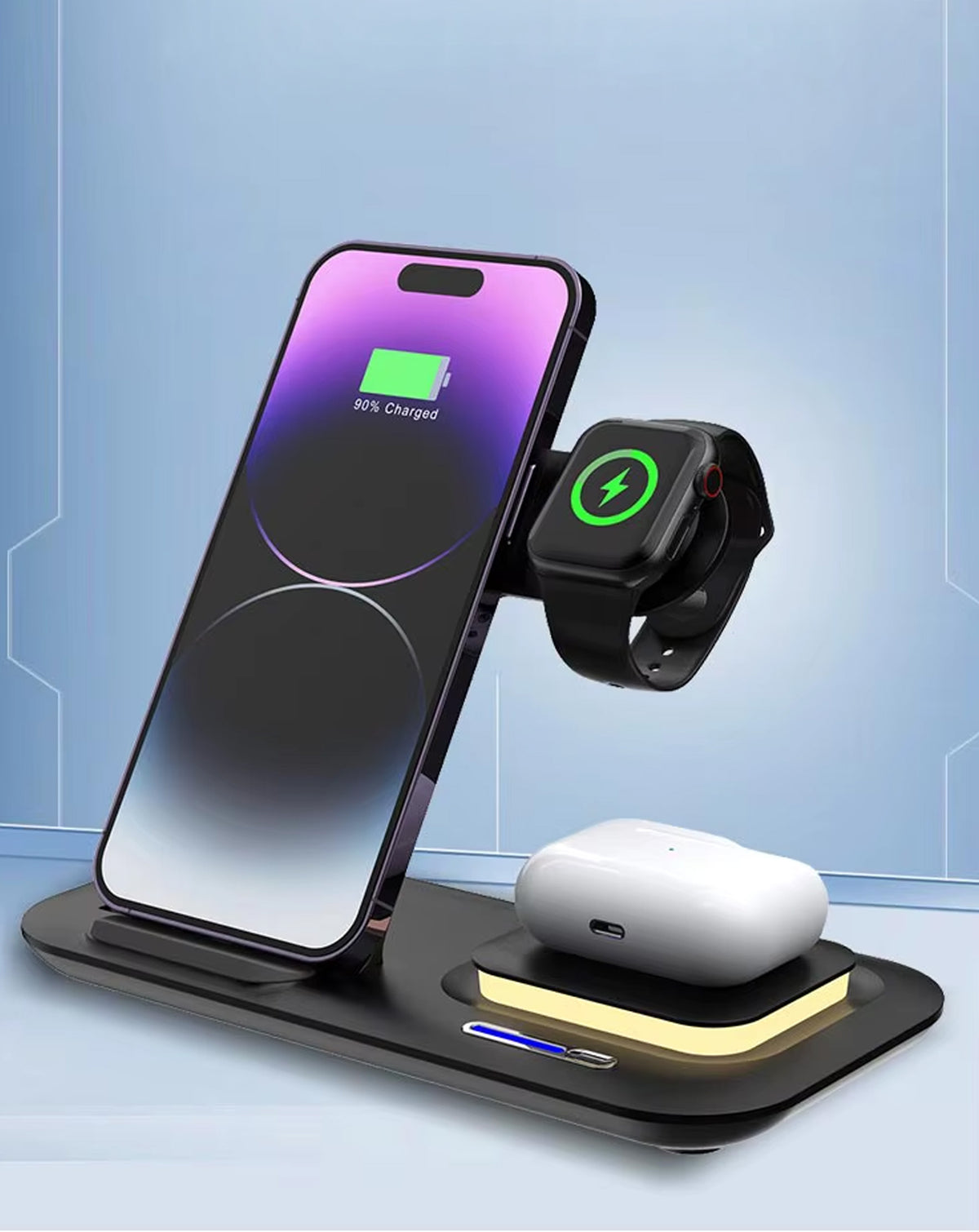 4-in-1 Wireless Charger Stand Fast Charging Station & Touch Nightlight — 15W, Black