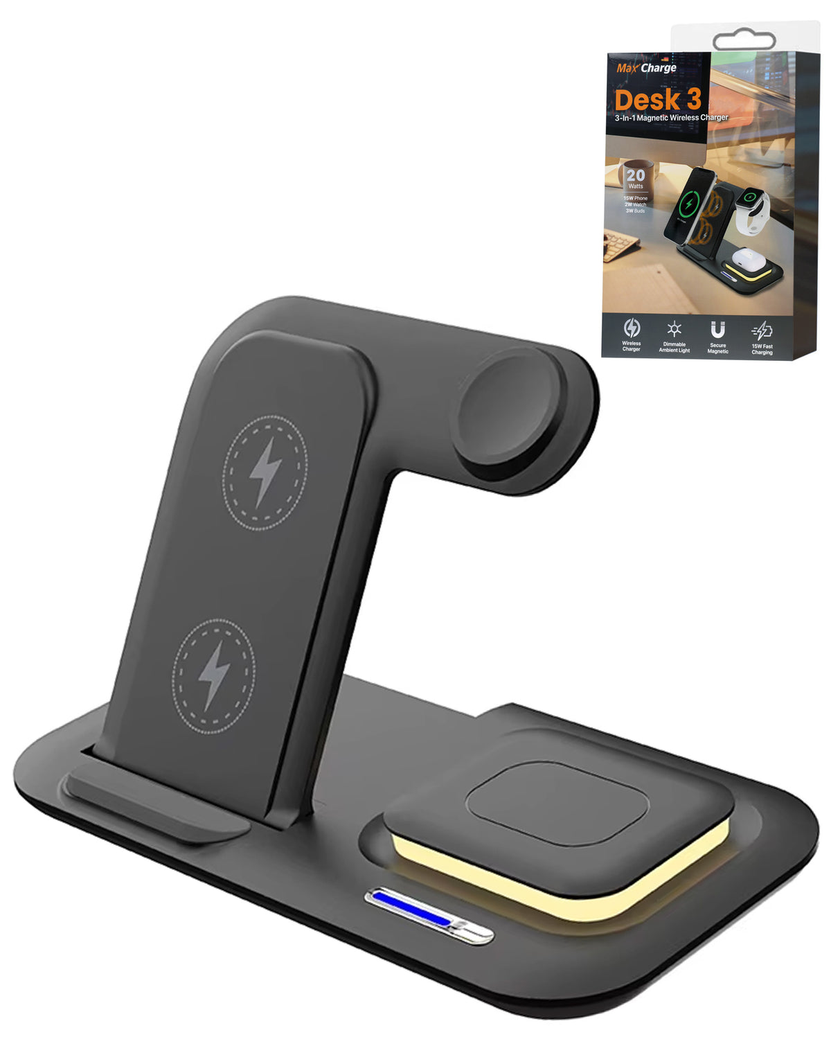 4-in-1 Wireless Charger Stand Fast Charging Station & Touch Nightlight — 15W, Black