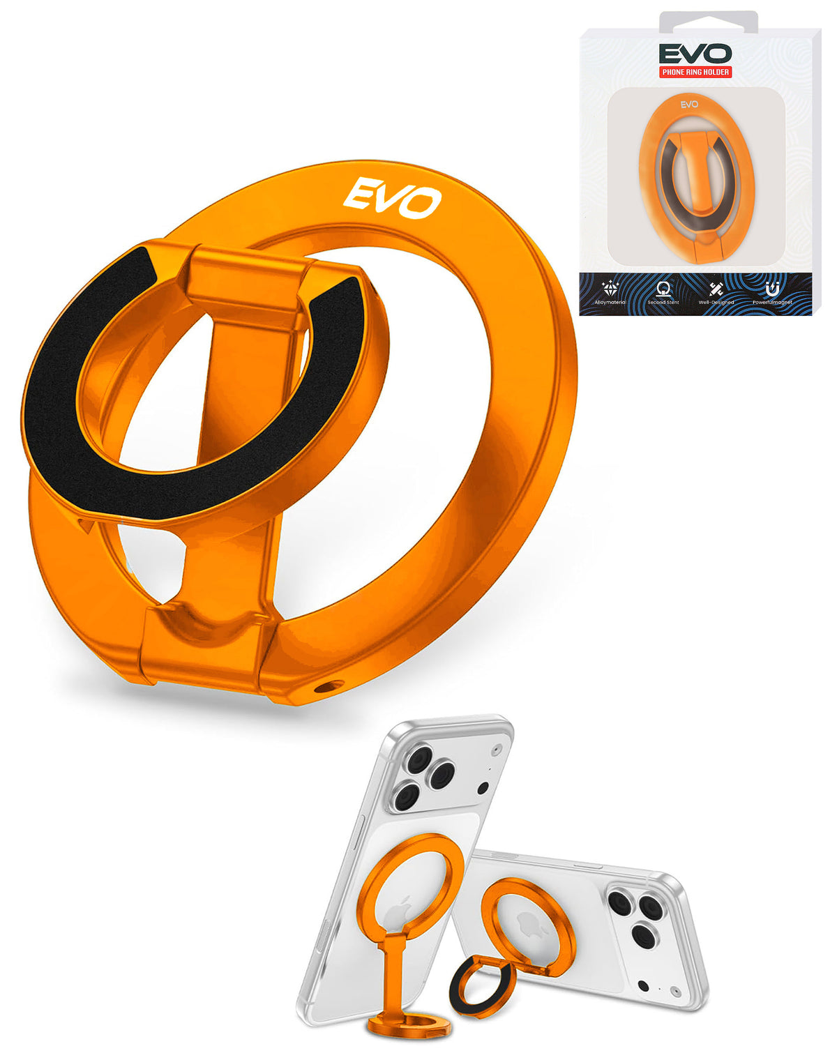 EVO FlexRing Magnetic Phone Holder with Kickstand Support & Wireless Charging — Orange