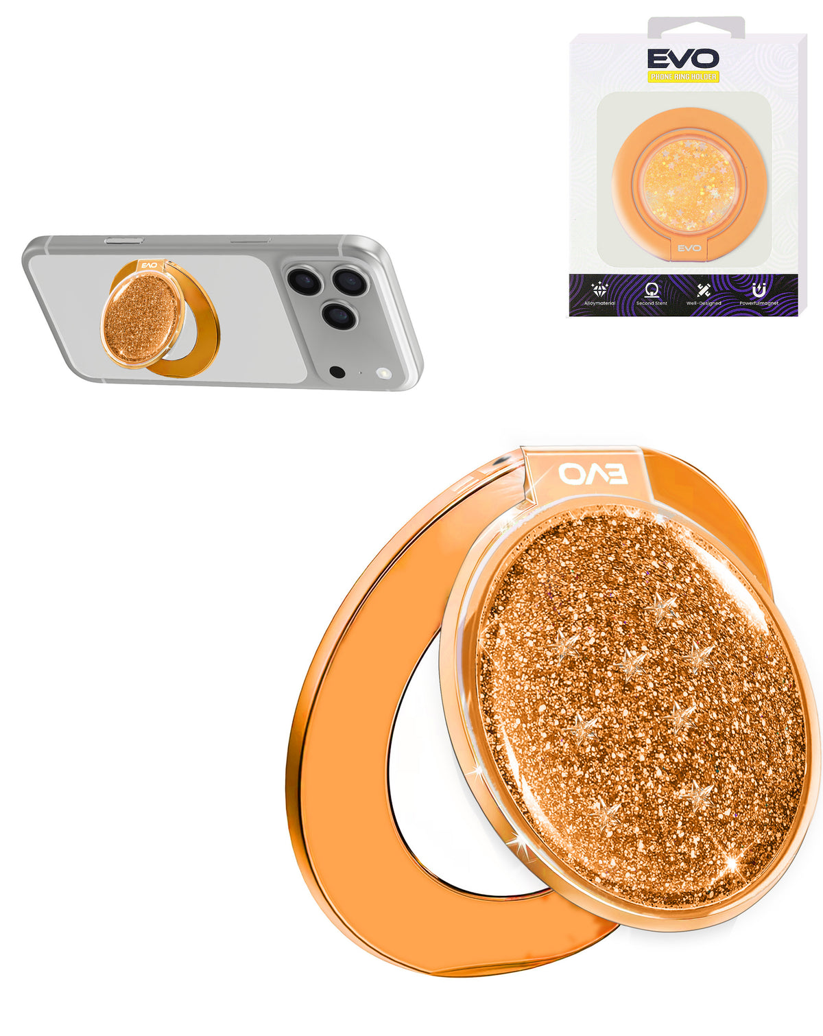 EVO CrystalRing Magnetic Glitter Phone Grip Stand Compatible with Wireless Charging — Orange
