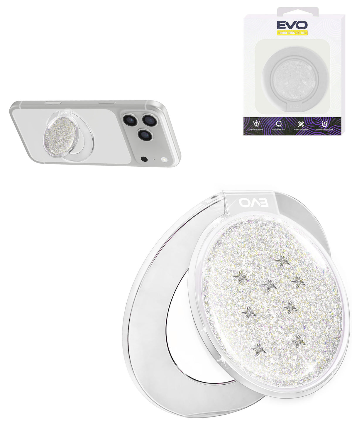 EVO CrystalRing Magnetic Glitter Phone Grip Stand Compatible with Wireless Charging — White