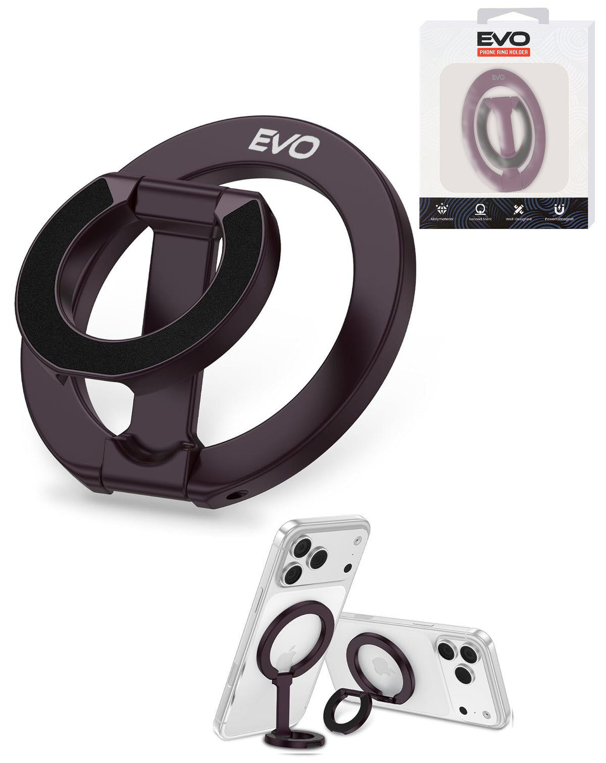 EVO FlexRing Magnetic Phone Holder with Kickstand Support & Wireless Charging — Purple