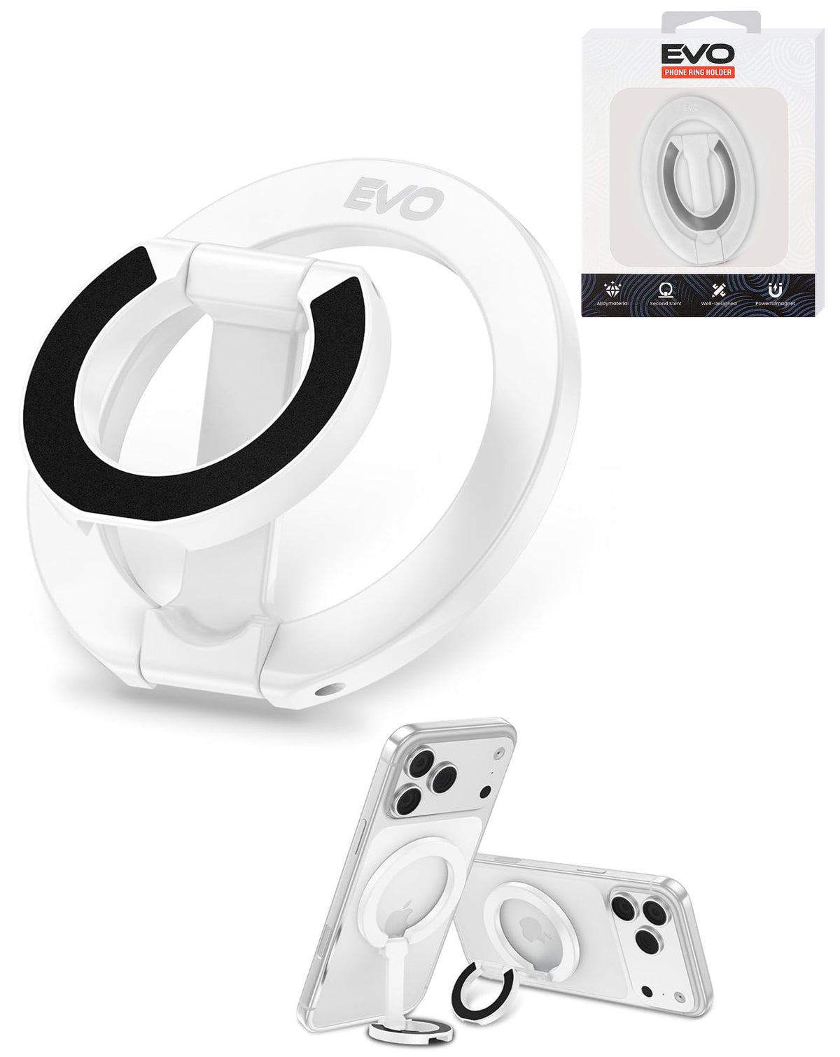 EVO FlexRing Magnetic Phone Holder with Kickstand Support & Wireless Charging — White