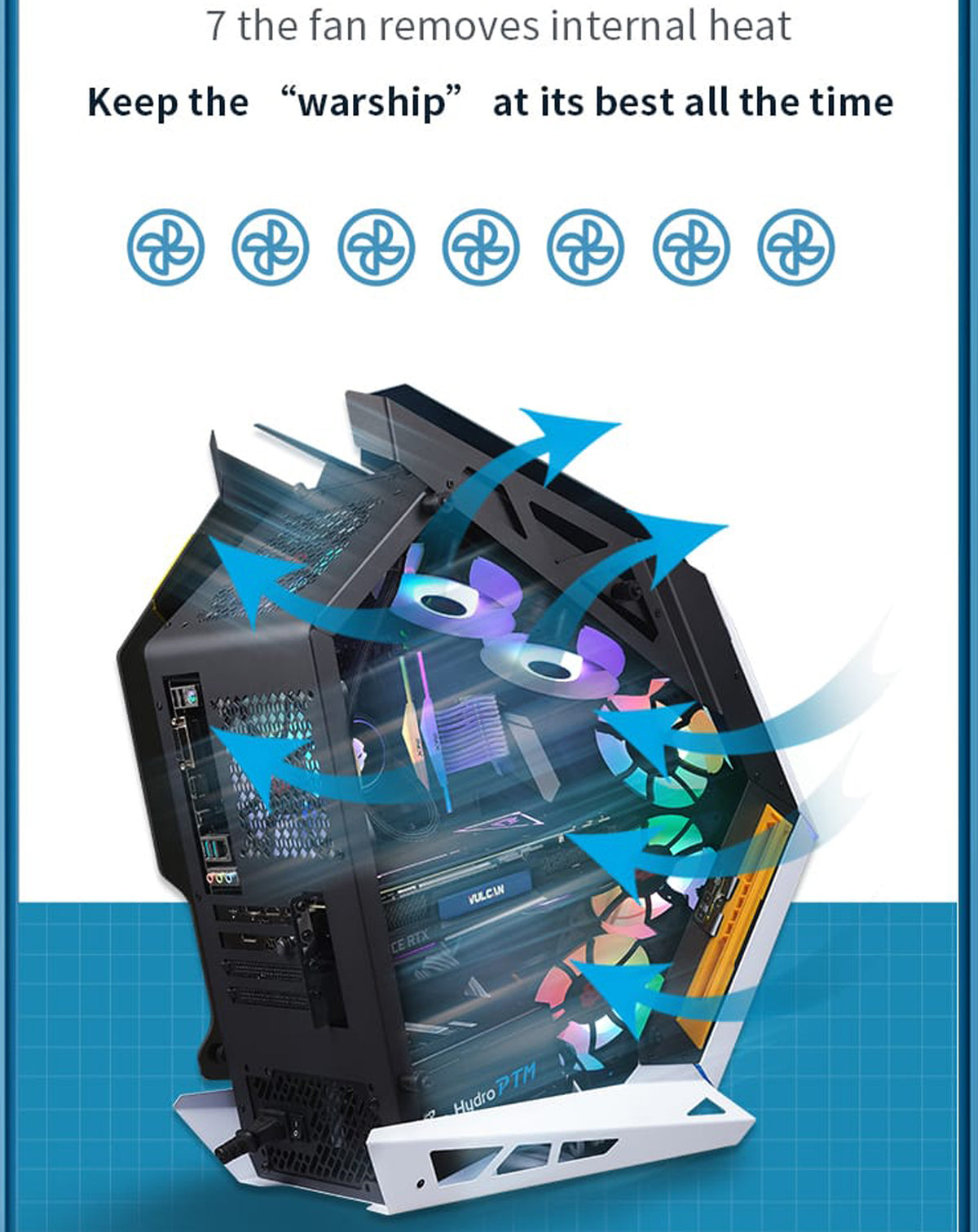 Warship Style Custom Gaming Tower PC Case with 7 RGB Cooling Fan — Black, 625*302*557MM