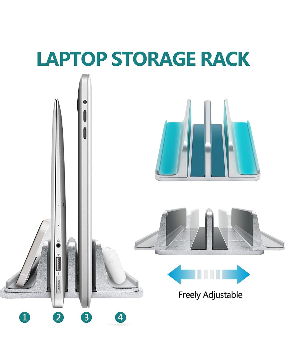 Aluminum Vertical Laptop Stand for Laptops / Tablets / Smartphones — Silver