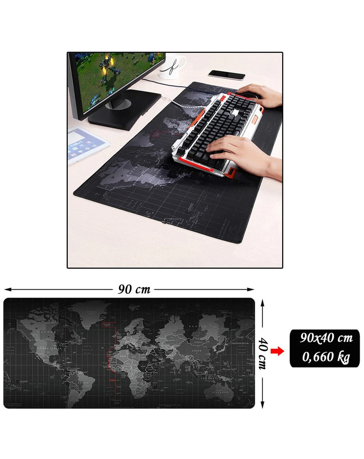 World Map Locked-Edge Mouse Pad — 90x40cm, 2mm Thickness