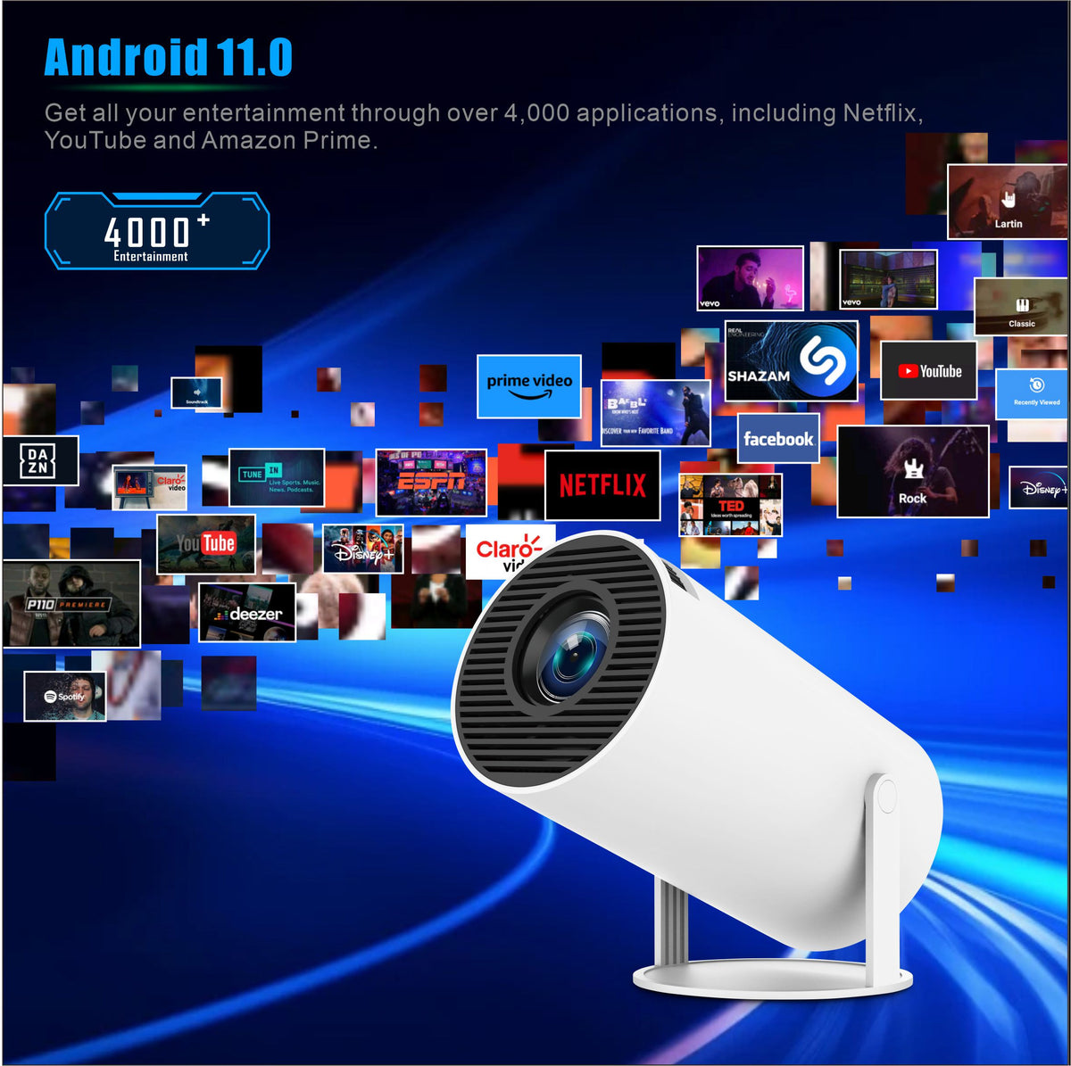 Android 11 Mini Projector with Remote Controller Bluetooth 5.0 — 720P HD / 140 Lumens / WiFi 2.4G / 5G, Not Returnable