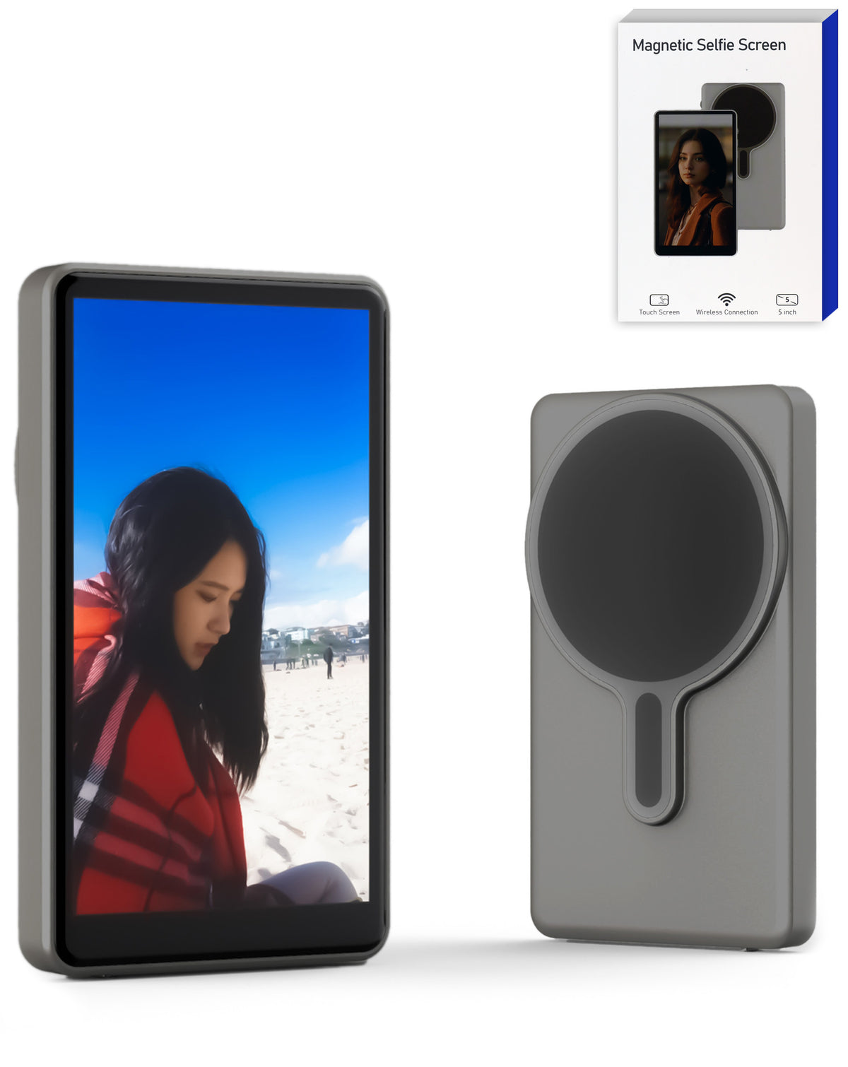 Magnetic Selfie Monitor Screen Wireless Vlog Display for iPhone Android Rear Camera Selfie Live Streaming — 4.02 Inch, Gunmetal