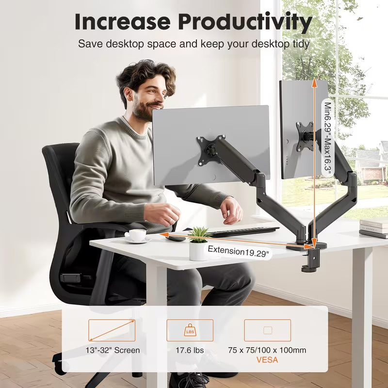 Adjustable Dual Monitor Stand with Tesa Mouth 13''-32'' — Black
