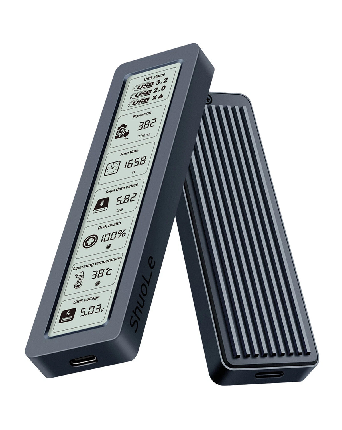 ShuoLe M-Key M.2 NVMe Smart Screen SSD Enclosure — Heat / Capasity / Run Time / Operating Temperature, USB 3.2 Gen 2 10Gbps