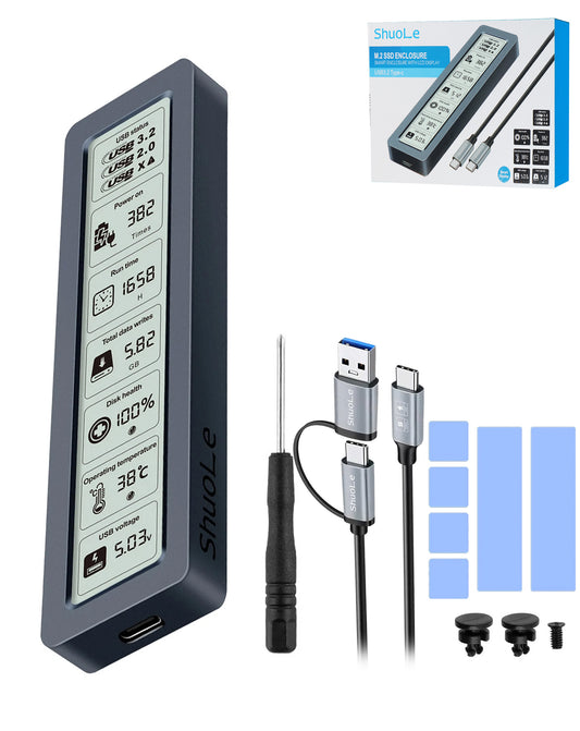 ShuoLe M-Key M.2 NVMe Smart Screen SSD Enclosure — Heat / Capasity / Run Time / Operating Temperature, USB 3.2 Gen 2 10Gbps