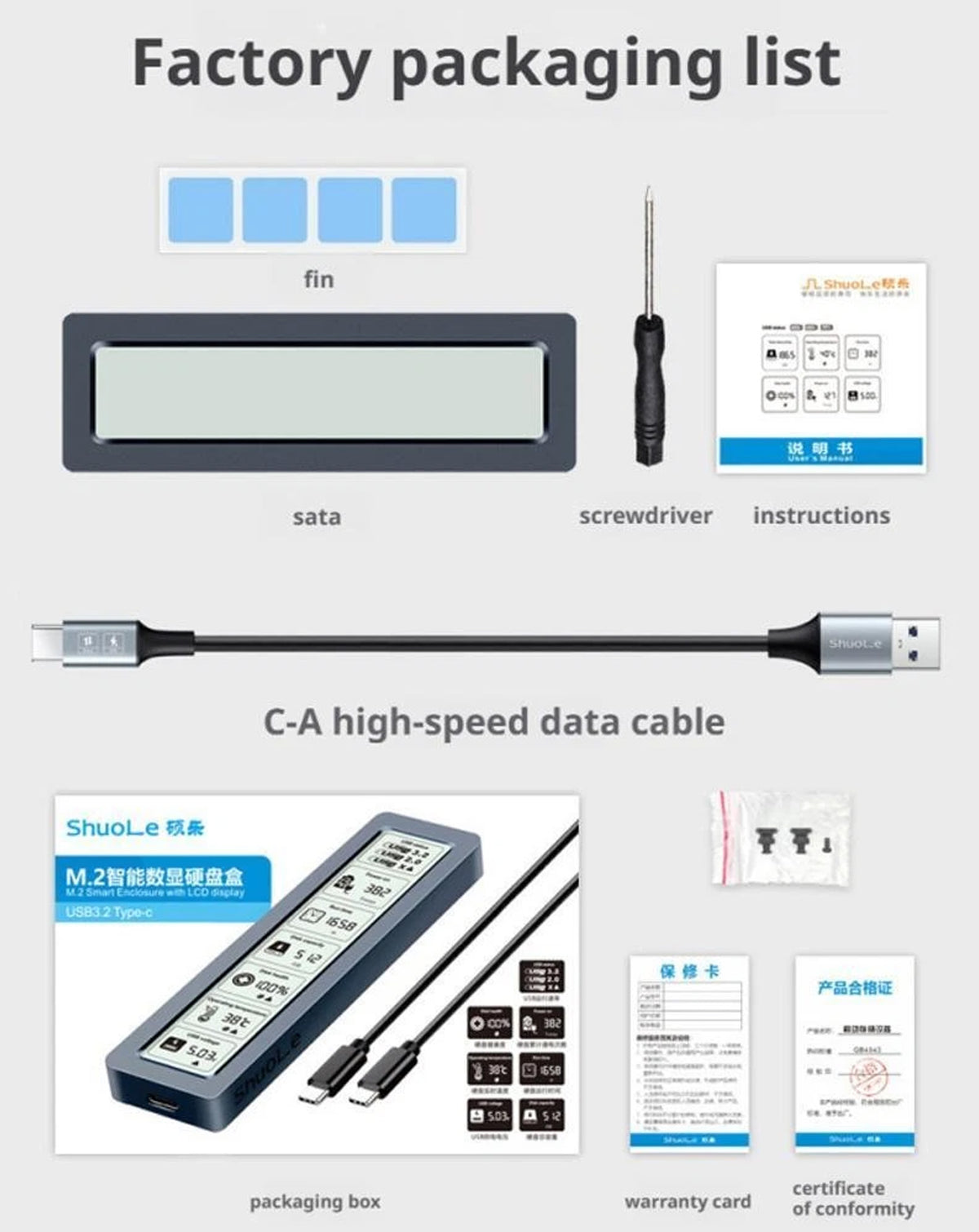 ShuoLe M-Key M.2 NVMe Smart Screen SSD Enclosure — Heat / Capasity / Run Time / Operating Temperature, USB 3.2 Gen 2 10Gbps