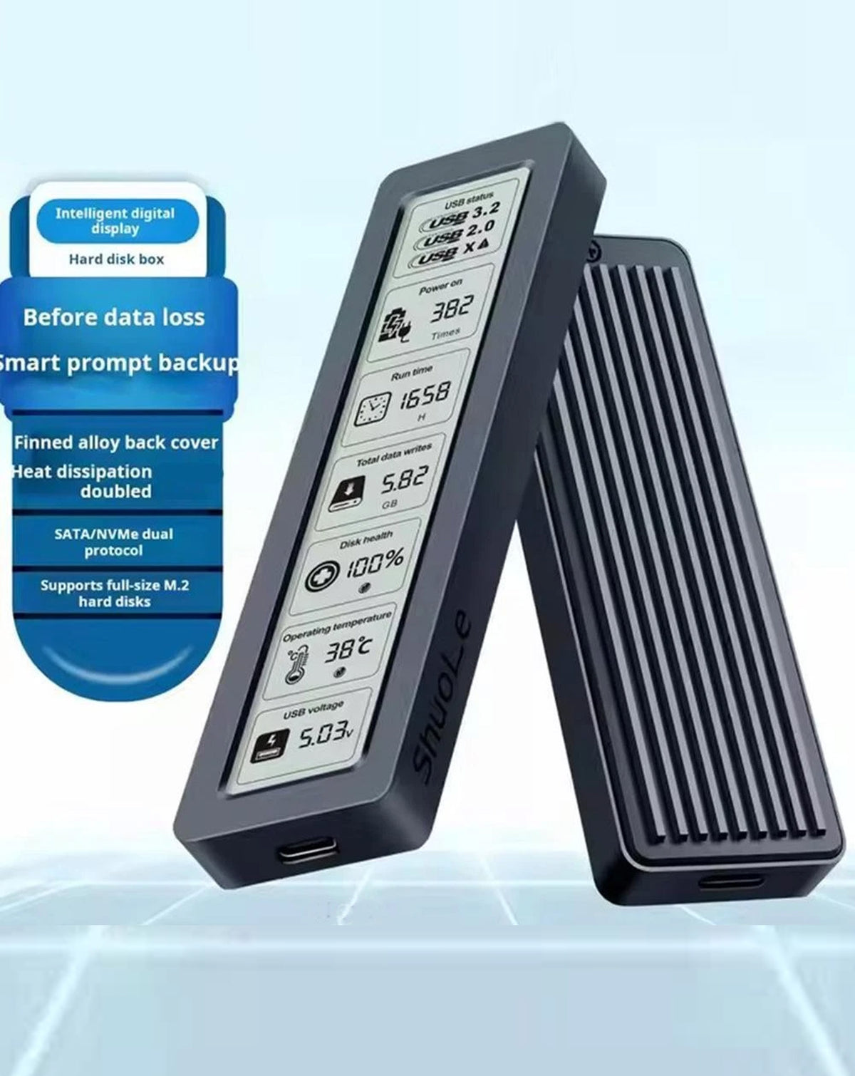 ShuoLe M-Key M.2 NVMe Smart Screen SSD Enclosure — Heat / Capasity / Run Time / Operating Temperature, USB 3.2 Gen 2 10Gbps