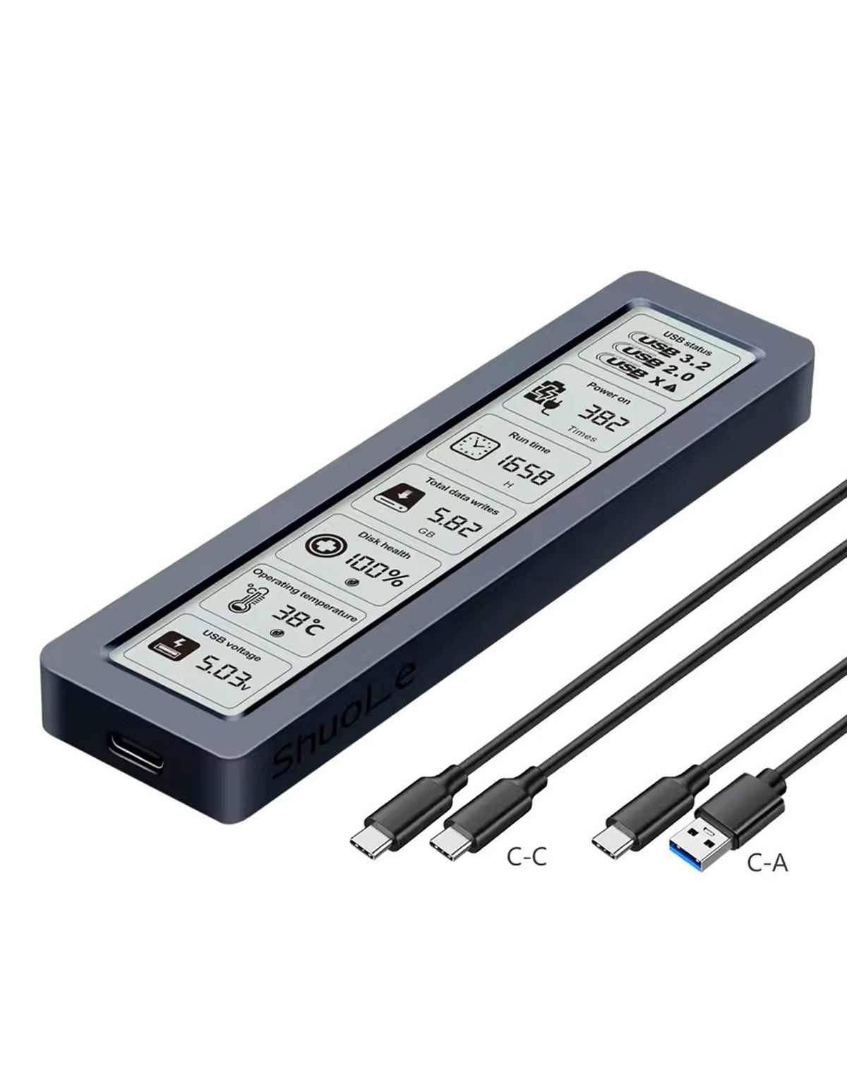 ShuoLe M-Key M.2 NVMe Smart Screen SSD Enclosure — Heat / Capasity / Run Time / Operating Temperature, USB 3.2 Gen 2 10Gbps