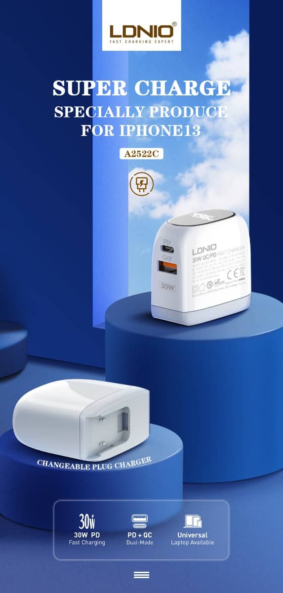 LDNIO A2522C QC3.0+PD Dual USB A Wall Charger with USB-C to Lightning Non-MFI Cable — 3ft, 30W