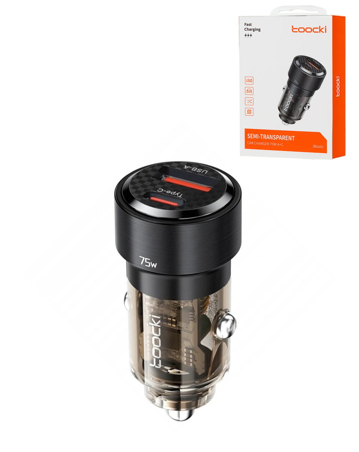 Toocki PD USB-C+A Transparent Car Charger — Black, 75W