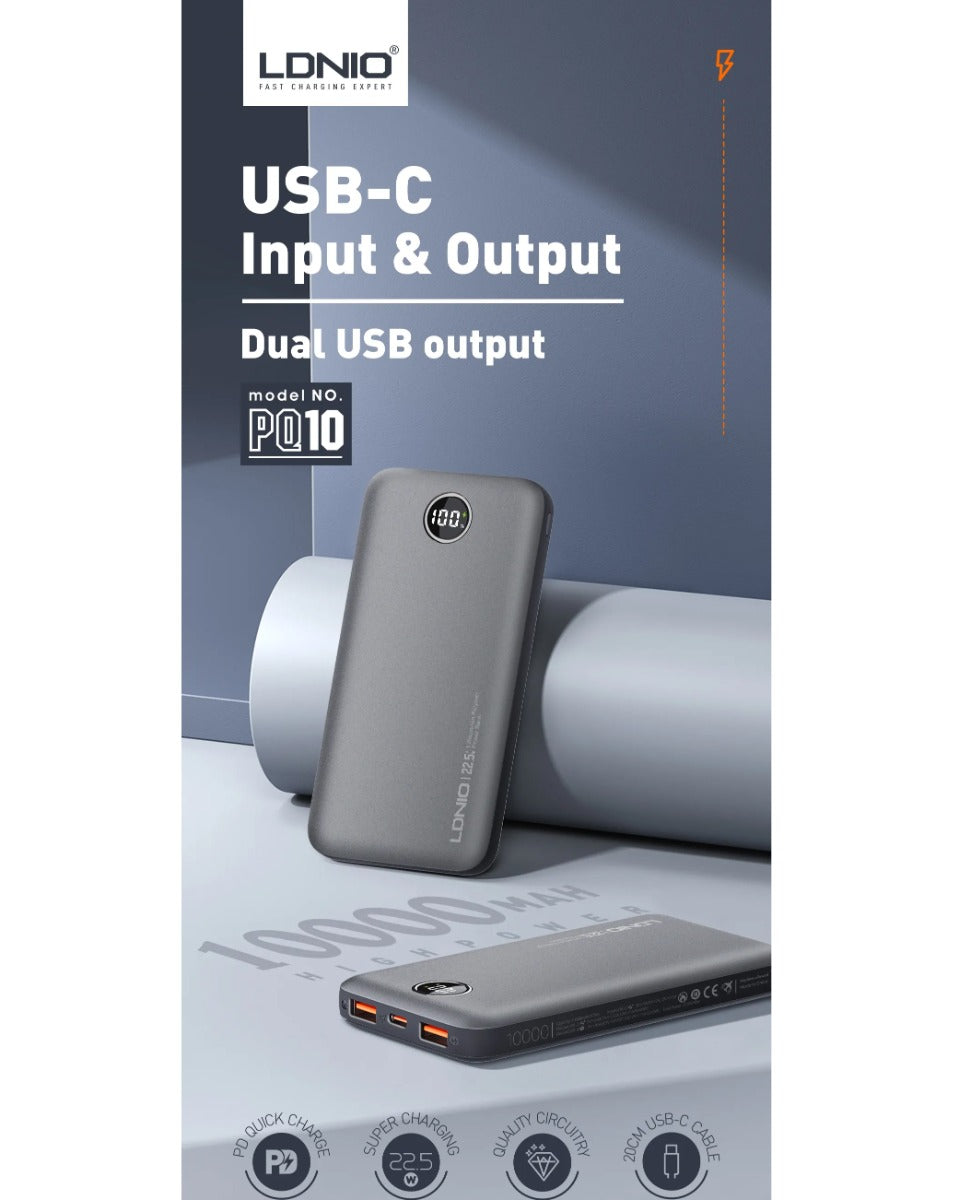 LDNIO PQ10 Ultra-thin Digital Display Power Bank — 10000 mAh / 22.5W