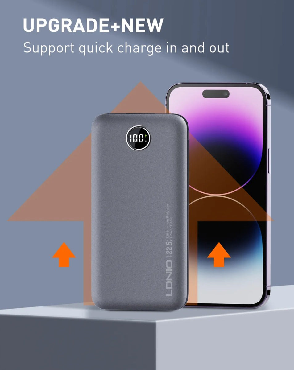 LDNIO PQ10 Ultra-thin Digital Display Power Bank — 10000 mAh / 22.5W