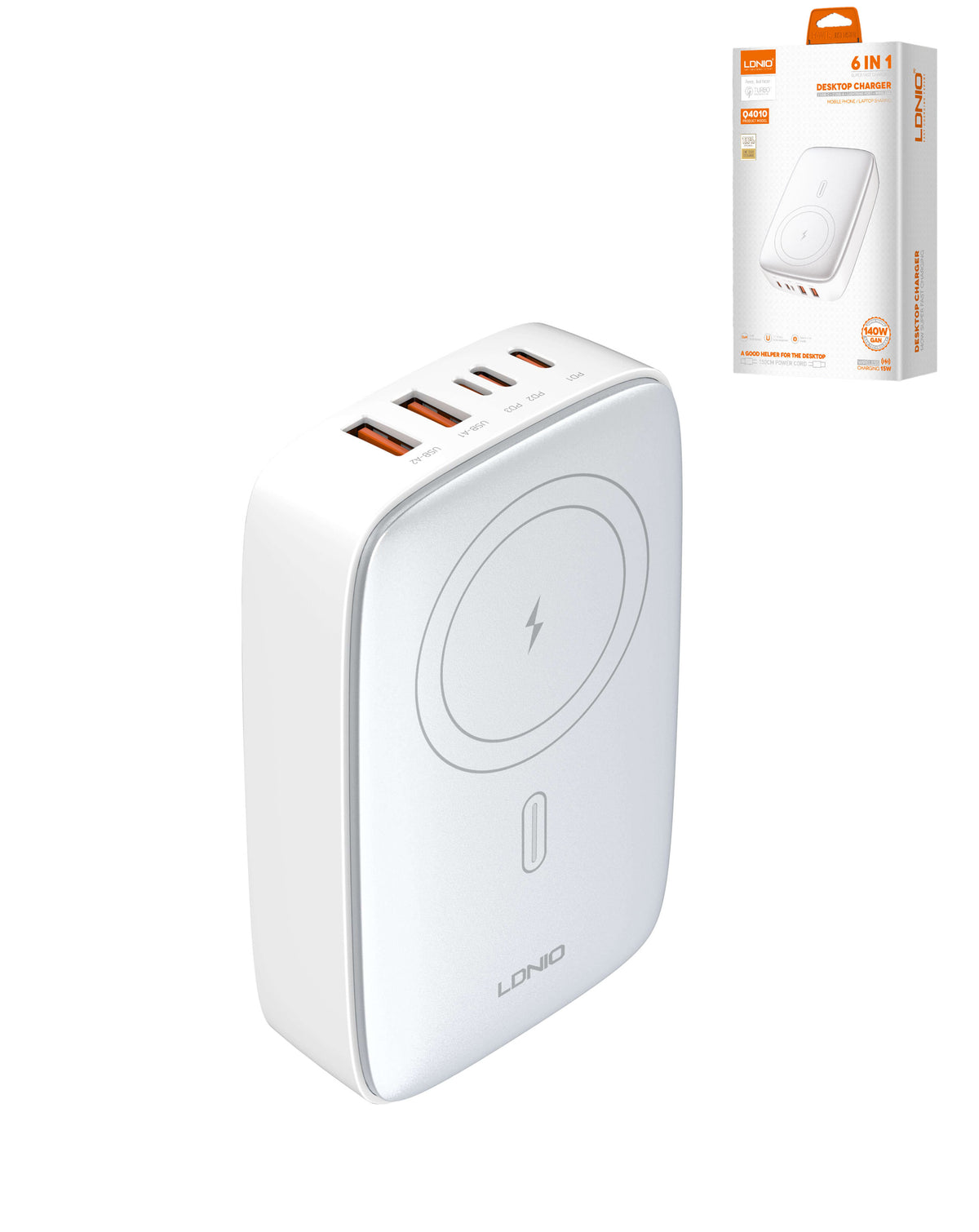 LDNIO Q4010 2x USB A+ 2x USB-C Desktop + Wireless Charger — 140W, Silver