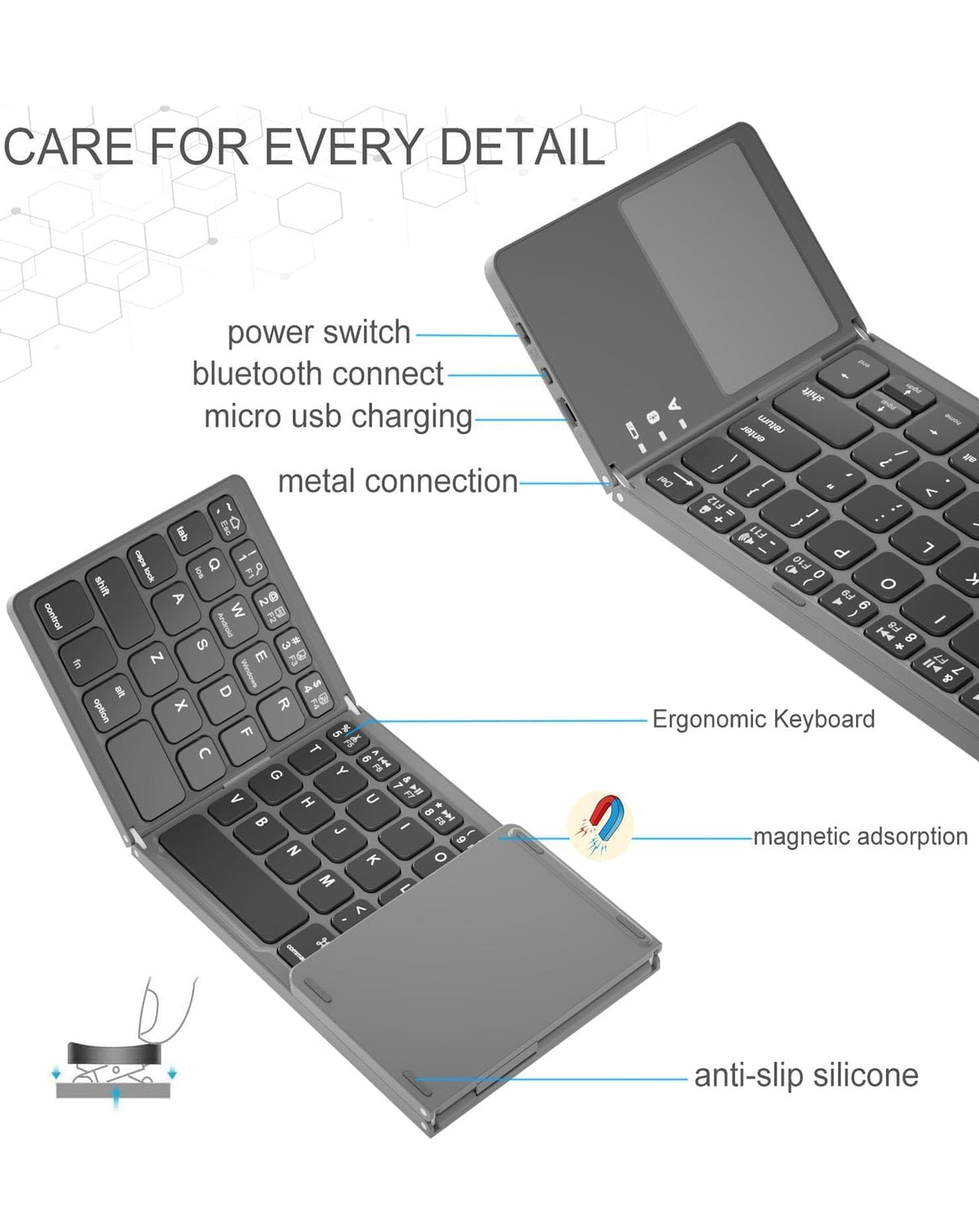 63 Keys Foldable Bluetooth Keyboard with Touchpad — Black