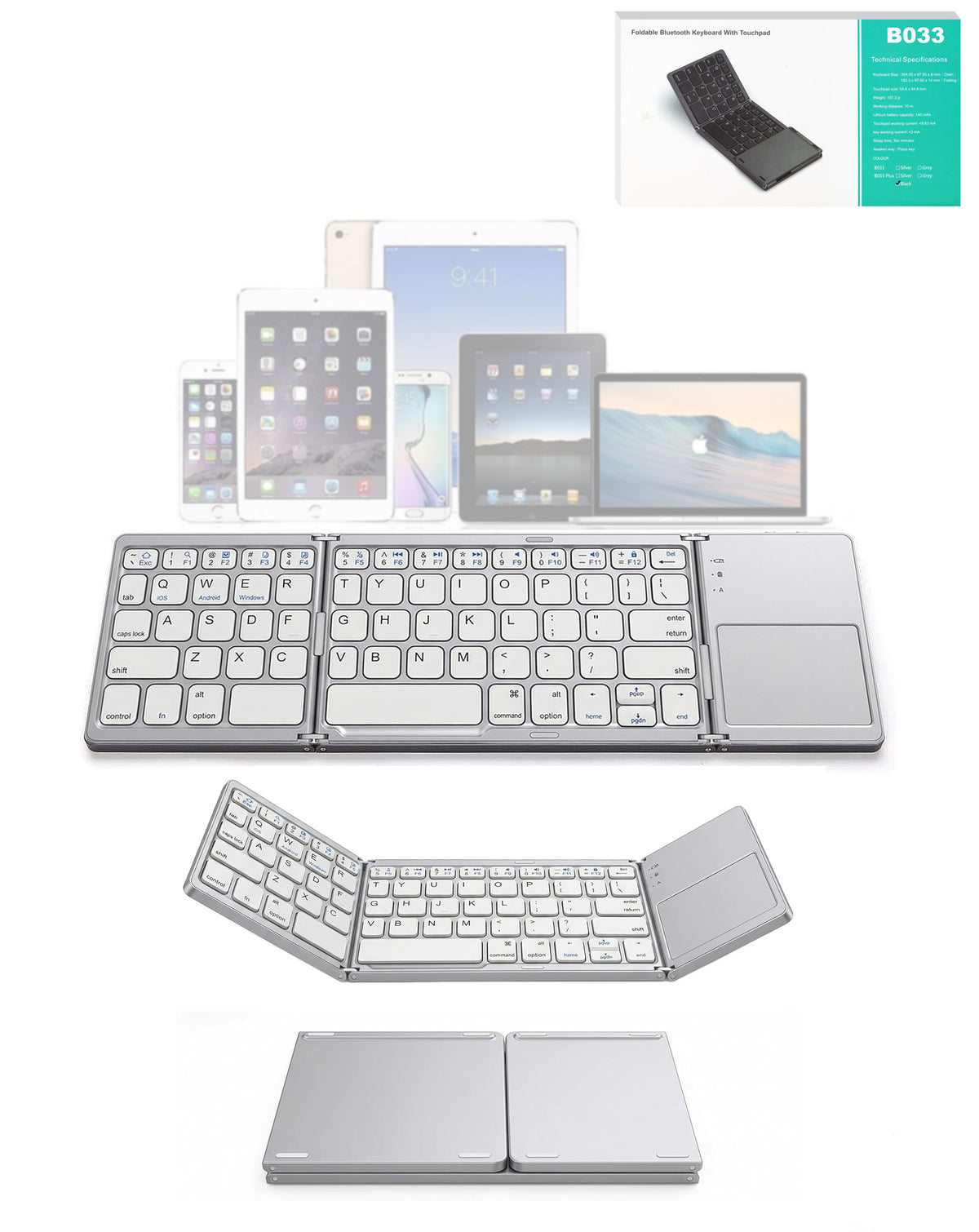 63 Keys Foldable Bluetooth Keyboard with Touchpad — Silver