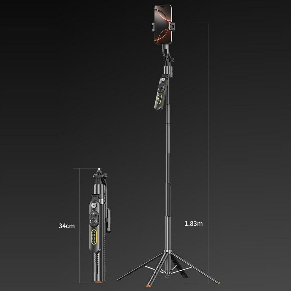 AI Face Tracking 360° Rotating Selfie Stick Tripod - Black