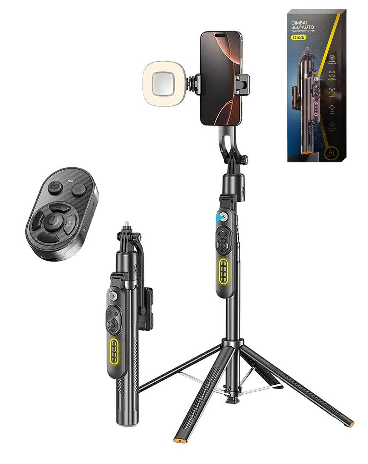 AI Face Tracking 360° Rotating Selfie Stick Tripod - Black