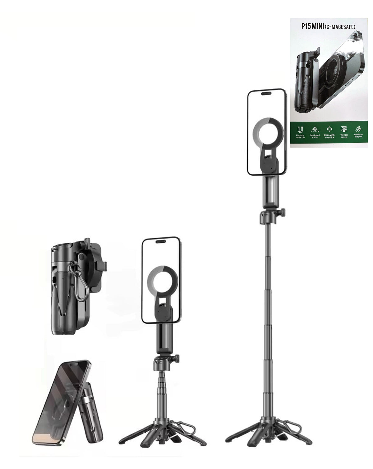 Magnetic Phone Selfie Stick for iPhone/Android — Black
