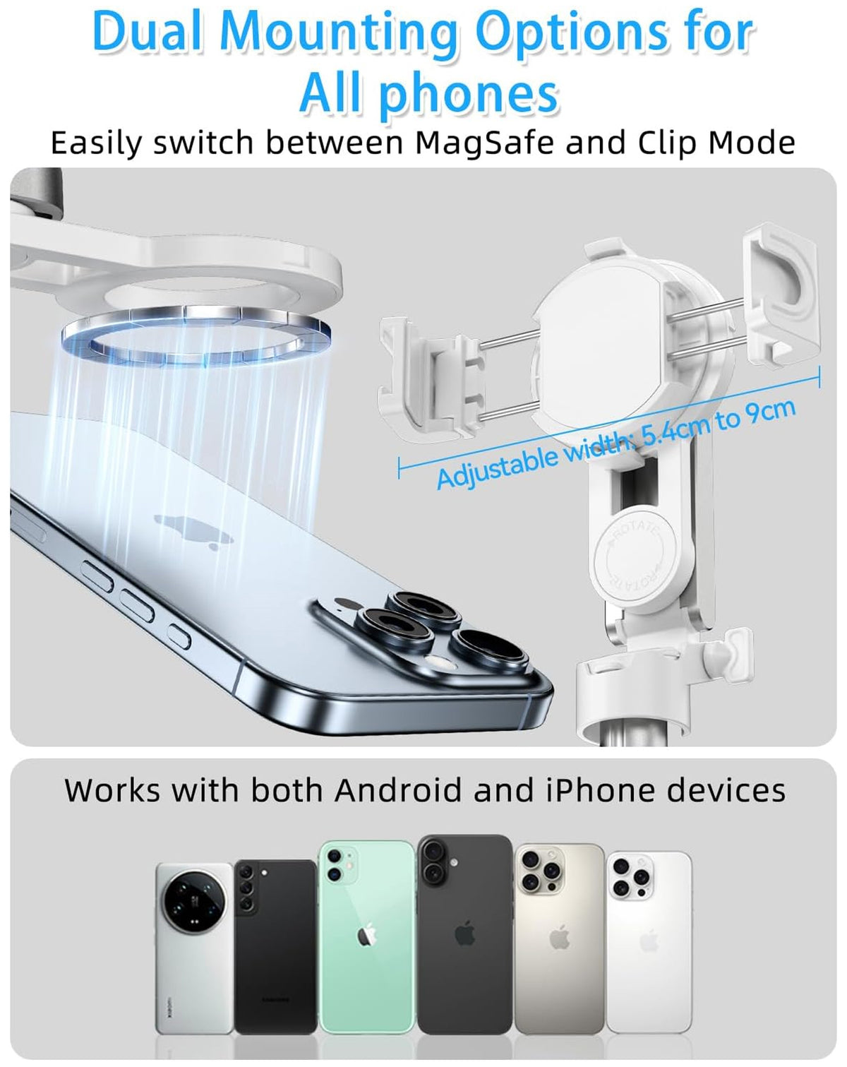 Magnetic Phone Selfie Stick for iPhone / Android — White